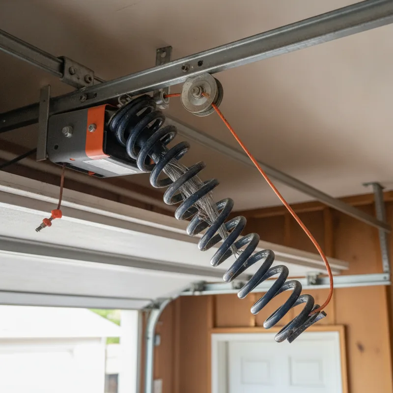 A worn, unwound garage door torsion spring on a home in Ocala, FL, showing a common warning sign of impending failure