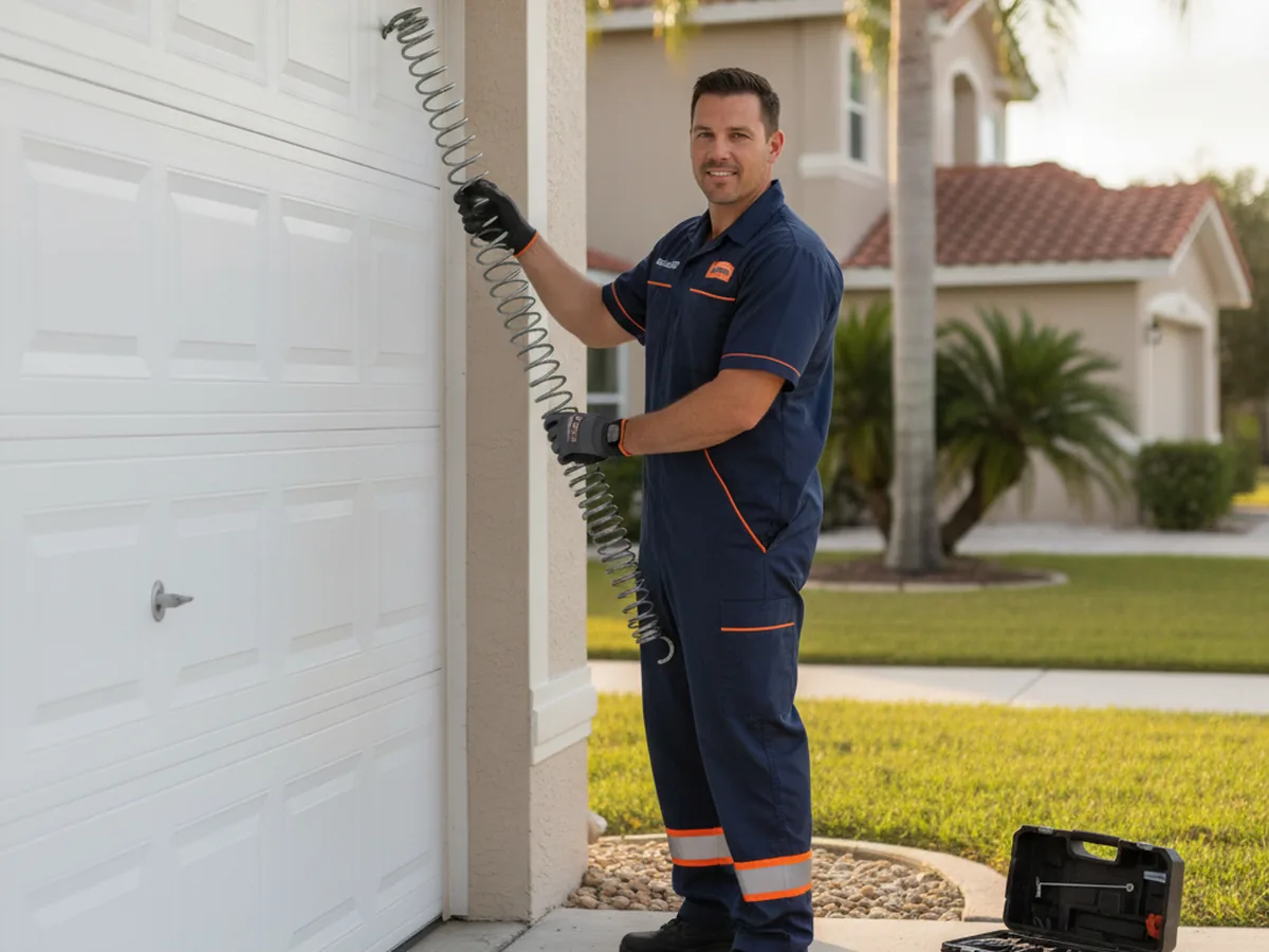 Licensed technician repairing a garage door torsion spring in Ocala, FL