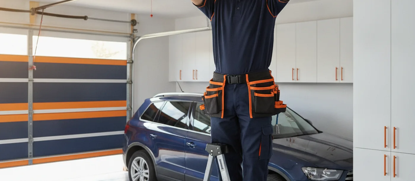 A technician installing and configuring a smart garage door opener app in an Ocala, FL home