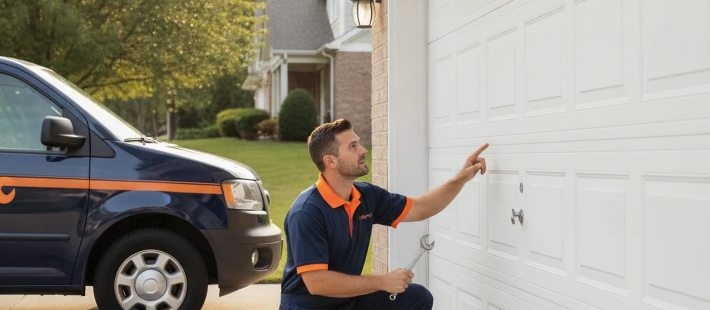 A licensed technician using a flashlight to diagnose a garage door spring problem on an Ocala, FL home